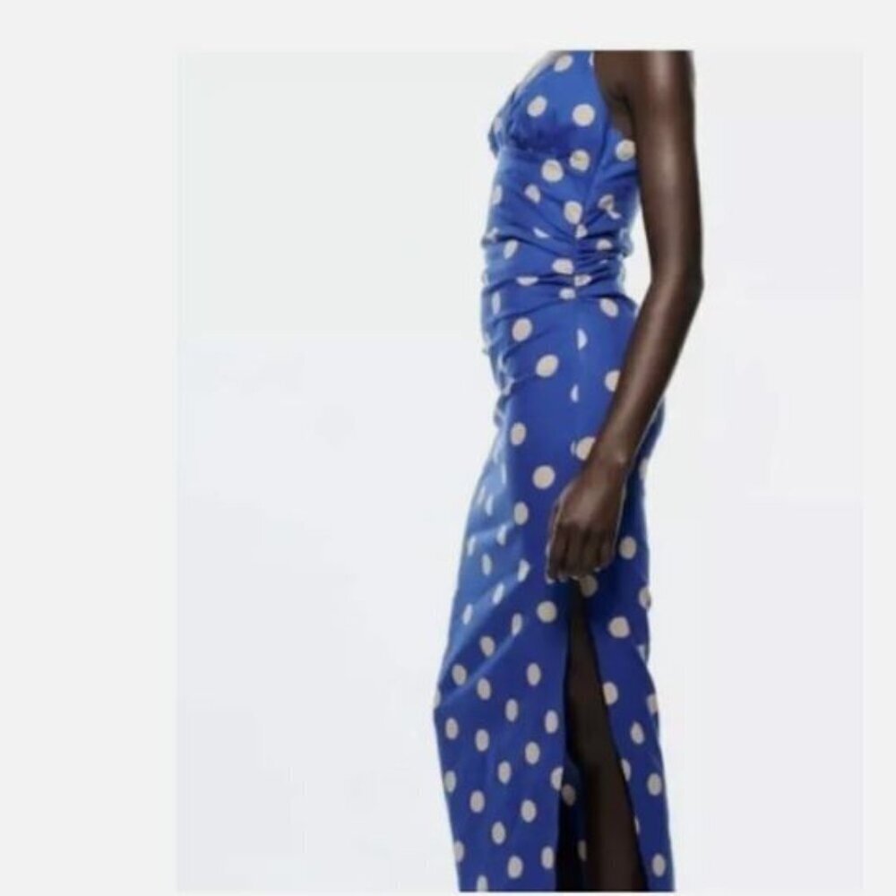 ZARA BLUE SAND MIDI STARPPY Cotton LinenBlend POLKA DOT DRESS SIZ S 8741/045/090